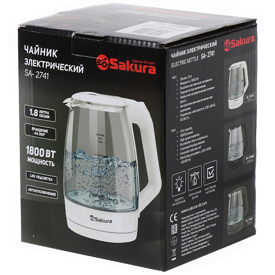 Чайник электрический Sakura, SA-2741BK, 1.8 л, 1800 Вт, скрытый нагревательный элемент, стекло