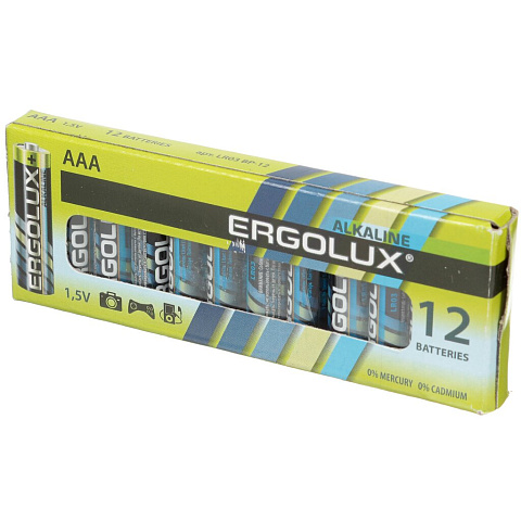 Батарейка Ergolux, ААА (LR03, 24A), Alkaline, щелочная, 1.5 В, коробка, 12 шт, 11745