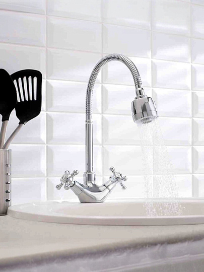 Смеситель для кухни, РМС, гибкий излив, с кран-буксой, хром, SL65-279F