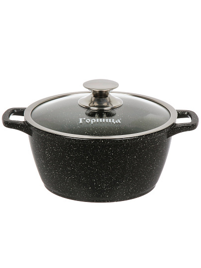 Кастрюля литой алюминий, антипригарное покрытие, 3 л, крышка стекло, литые ручки, Горница, Гранит Induction, Ик223аг, индукция