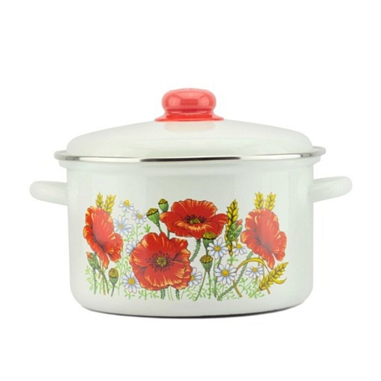 Набор посуды эмалированная сталь, 6 предметов, кастрюли 2,3,4 л, Магнитогорская эмаль, Красные маки, 2-3088/4