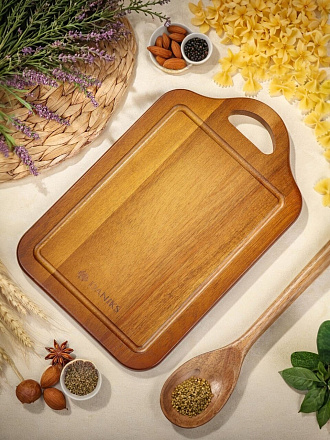 Доска разделочная акация, 33х21х1.5 см, с ручкой, прямоугольная, Daniks, CB14533A