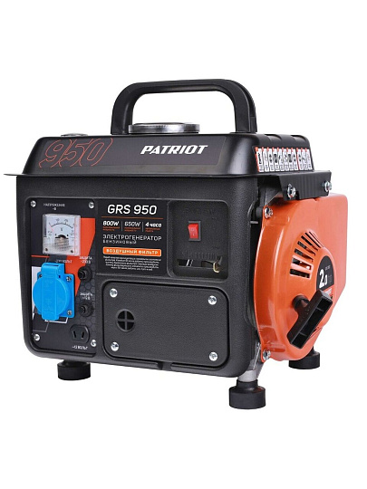 Генератор бензиновый, Patriot, GRS 950, 0.8 кВт, двухтактный, 2 л.с., 16 А, выход 12 В, ручной стартер, 476102219