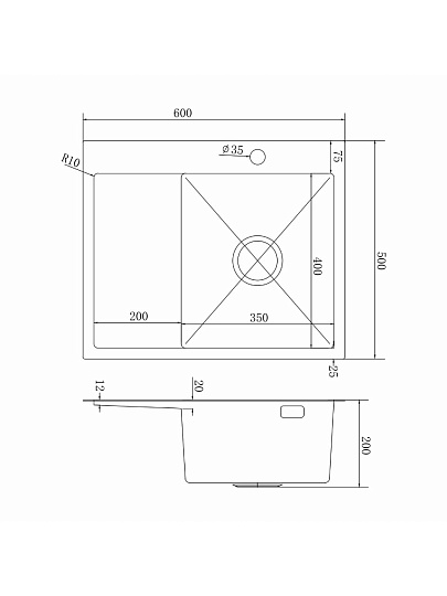 Мойка кухонная врезная, Mixline, Pro, нержавеющая сталь, 600х500х200 мм, выпуск 3 1/2, 3 мм, с сифоном, правая, сатин