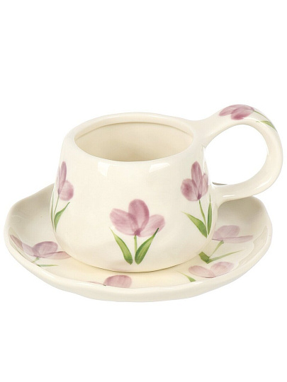 Чайная пара керамика, 2 предмета, на 1 персону, 220 мл, Английский стиль, сиреневые цветы, ручная работа, блюдце 15х2 см, B060326