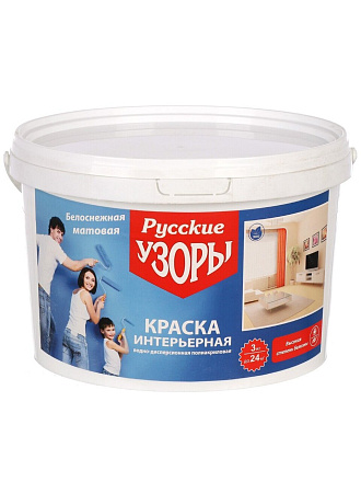 Краска водно-дисперсионная, Русские узоры, акриловая, интерьерная, матовая, белоснежная, 3 кг