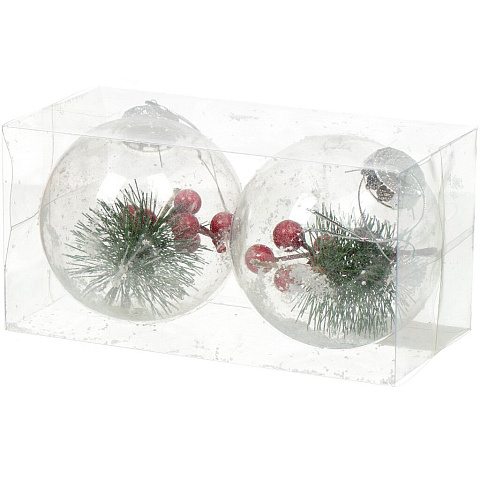 Елочный шар Вишни и снежинки, 2 шт, прозрачный, красный, 10 см, пластик, SY18CBC-29