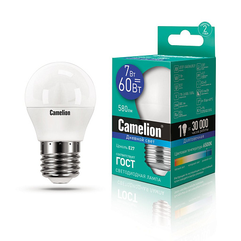 Лампа светодиодная 7Вт 220В 6500К Camelion LED7-G45/865/E27