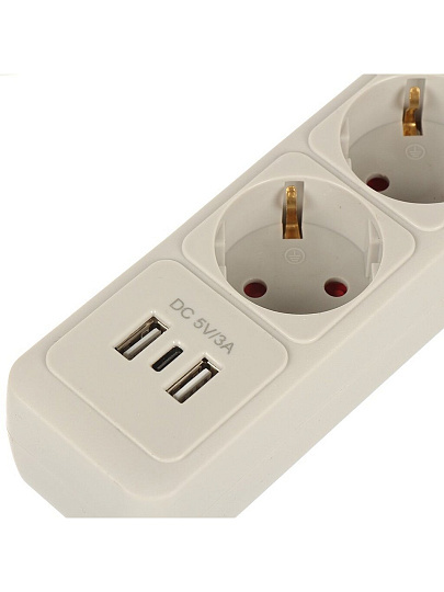 Сетевой фильтр 5 гнезд, 1.9 м, ПВС, 3х1 мм², с заземлением, 16 А, +2USB +TYPE C, 3.5 кВт, серый, Jett, 171-502