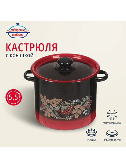 Кастрюля эмалированная сталь, 5.5 л, крышка сталь, цилиндрическая, Сибирские товары, С1617.38, в ассортименте