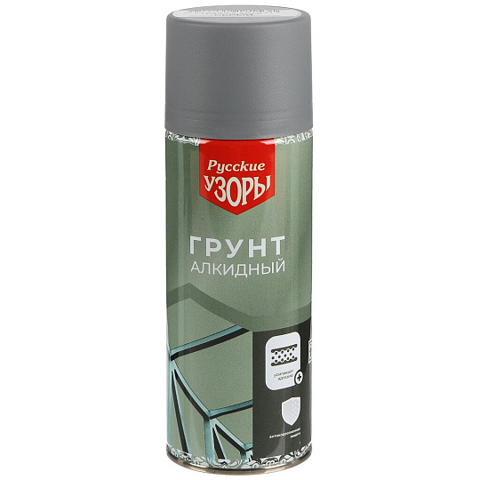 Грунт аэрозоль, Русские узоры, алкид, для внутр и наруж раб, серый, 520 мл