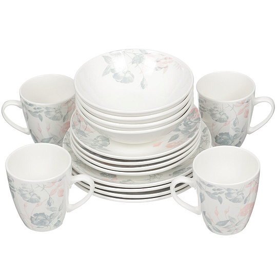 Сервиз столовый керамика, 16 предметов, на 4 персоны, Кубаньфарфор, Соната. Серебристые розы, 076/8