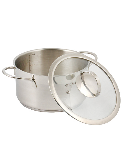 Кастрюля нержавеющая сталь, 3.4 л, крышка стекло, Daniks, Бонн, GS-01319-20CA, индукция
