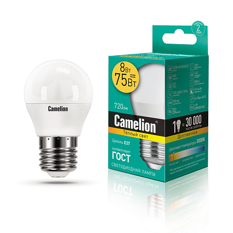 Лампа светодиодная 8Вт 220В 3000К Camelion LED8-G45/830/E27