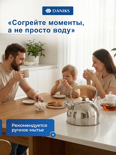 Чайник нержавеющая сталь, 2.5 л, со свистком, зеркальный, сталь 304, ручка с покрытием, дуб, Daniks, индукция, GS-04567G-2