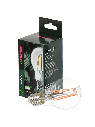 Лампочка светодиодная для растений, E27, 8 Вт, 220 В, IP40, A60, 60х107 мм, Grandy, FITO, AI-2605001