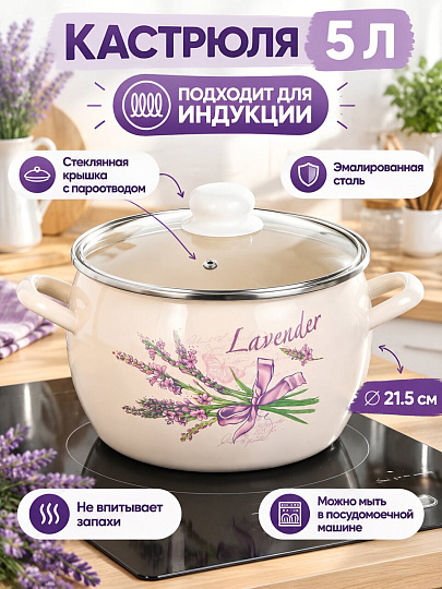 Кастрюля эмалированная сталь, 5 л, крышка стекло, полусфера, ЛЗЭП, Лаванда, С-4216САП2/4Жм, индукция