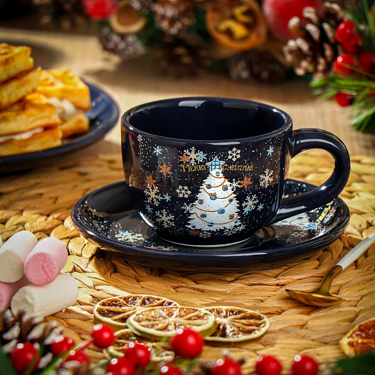 Чайная пара доломит, 2 предмета, на 1 персону, 220 мл, Daniks, Зимняя сказка, подарочная упаковка, синяя