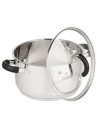 Кастрюля нержавеющая сталь, 4.7 л, крышка стекло, ручки силикон, RasheL, R-400к, индукция