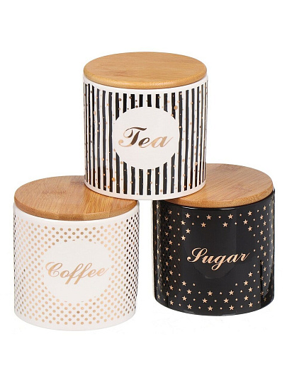 Банка для сыпучих продуктов, керамика, 0.75 л, 3 шт, с крышкой, Чай Кофе Сахар
