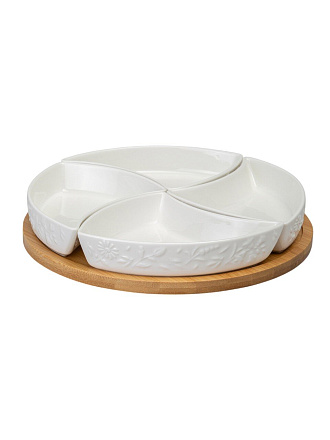 Менажница фарфор, 25х5.5 см, 4 секции, деревянная подставка, Lefard, Flowers Story, 474-248