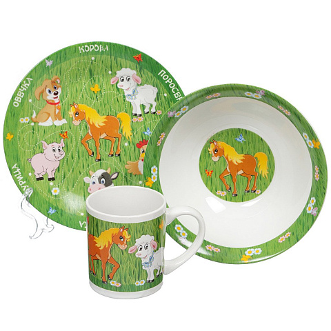 Набор детской посуды из керамики Домашние животные MFK04005, 3 предмета (кружка 240 мл, тарелка 190 мм, салатник 180 мм)