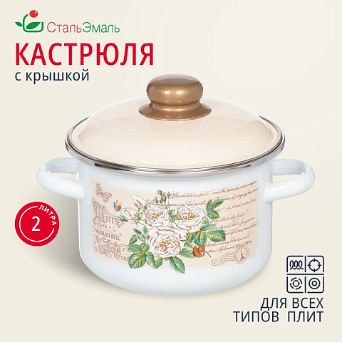 Кастрюля эмалированная сталь, 2 л, с крышкой, крышка сталь, цилиндрическая, СтальЭмаль, Мэри белоснежная, 6RD161M, индукция