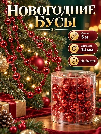 Бусы новогодние пластик, 1.4х500 см, круглые, красные, SY18ZL-86 R