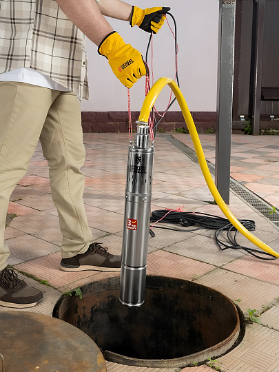 Насос скважинный, Denzel, G1 '', верхний забор, 20 м, 800 Вт, глубина погружения 80 м, максимальный напор 100 м, 1.7 м³/ч, термозащита, винтовой, диаметр 3.5", DWS-3.5