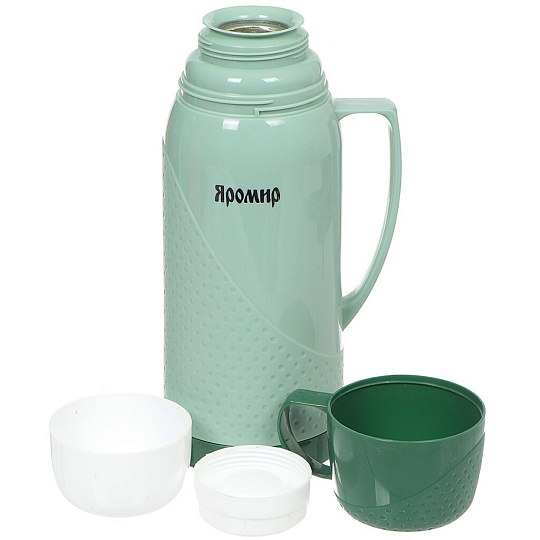 Термос пластиковый со стеклянной колбой Яромир ЯР-2022С/1 с узким горлом зеленый, 1 л