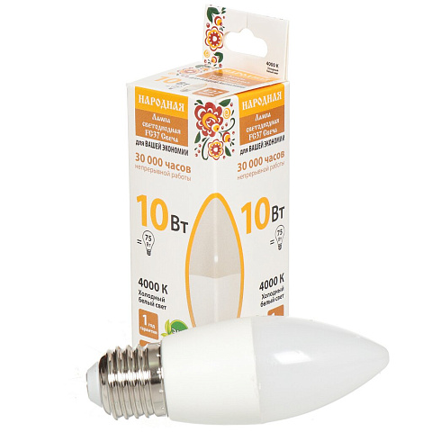 Лампа светодиодная E27, 10 Вт, 75 Вт, свеча, 4000 К, свет холодный белый, TDM Electric, Народная, SQ0340-1595
