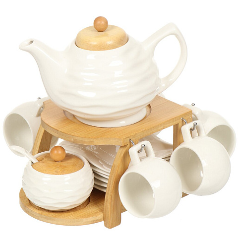 Набор чайный керамика, 14 предметов, на 6 персон, 140 мл, деревянная подставка, Y4-3552, подарочная упаковка