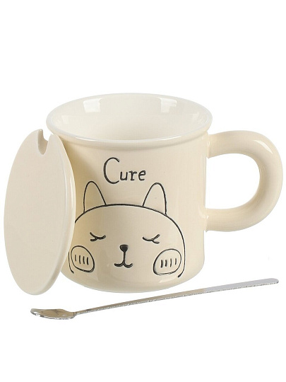 Кружка керамика, 400 мл, Смешные котята, с крышкой, с ложкой, 9.4х9.4 см, с крышкой, Y4-8975, в ассортименте