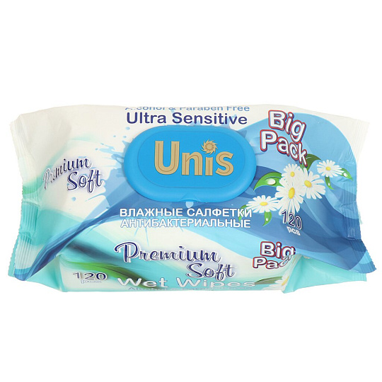 Салфетки влажные Unis, Антибактериальные, с клапаном, 120 шт, с экстрактом ромашки