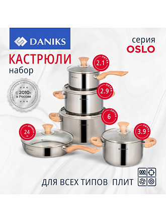 Набор посуды нержавеющая сталь, 10 предметов, кастрюли 2.9,3.9,6 л, ковш 2.1 л, сковорода 24 см, индукция, Daniks, Осло, GS-01147-10PC