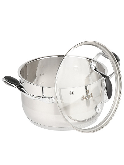 Кастрюля нержавеющая сталь, 2.6 л, крышка стекло, RasheL, R-26-18, серая, индукция