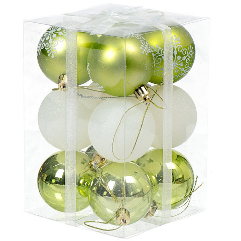 Елочный шар 12 шт, белый, зеленый, 6 см, пластик, SY18CBB-109