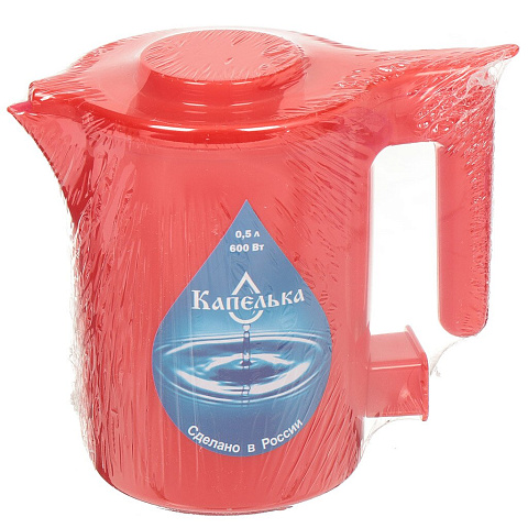 Чайник электрический Капелька, 003909, красный, 0.5 л, 600 Вт, открытый нагревательный элемент, пластик