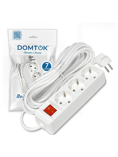 Удлинитель бытовой 3 гнезда, 7 м, ПВС, 3х1 мм², с заземлением, 16 А, выключатель, 3500 Вт, Domtok, 2383