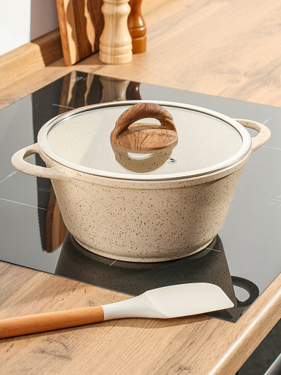 Кастрюля алюминий, антипригарное покрытие, 2 л, крышка стекло, Гурман, Estima, ГМк203 ЭБИ, бежевая, индукция