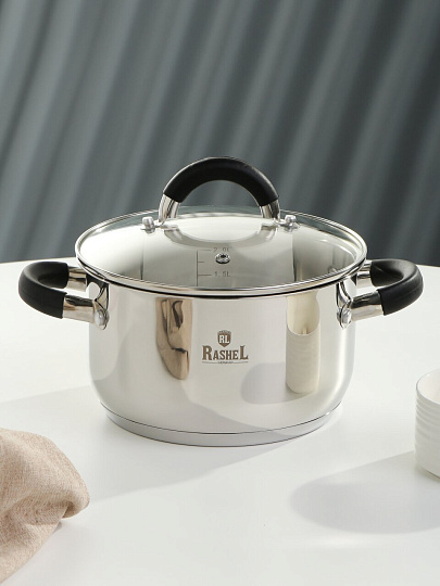 Кастрюля нержавеющая сталь, 2.6 л, крышка стекло, ручки силикон, RasheL, R-260к, индукция