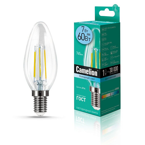 Лампа светодиодная E14, 7 Вт, 60 Вт, свеча, нитевидная, 4500 К, свет холодный белый, Camelion