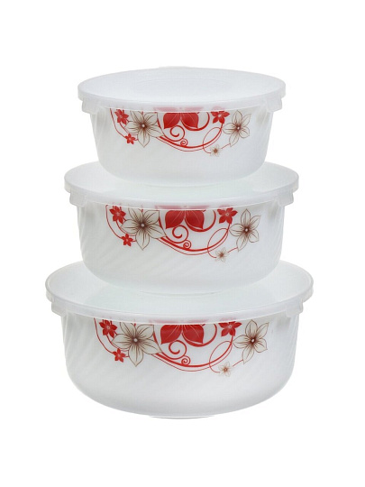 Салатник стеклокерамика, круглый, 3 шт, 9 см, 19, 16, 14 см, 0.5, 0.8, 1.4 л, с крышкой, Кармен, Daniks, BY14HDW-3-T36 DANIKS