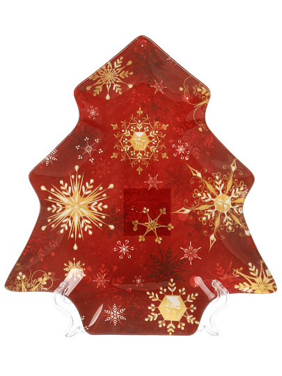 Блюдо стекло, 22.5х25 см, Снежинки на красном, Daniks