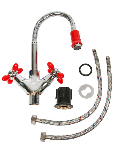Смеситель для кухни, Эверест, гибкий излив, с кран-буксой, красный, B58-071C