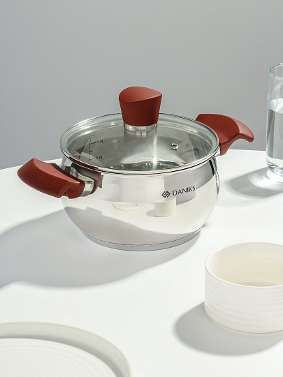 Кастрюля нержавеющая сталь, 1.9 л, крышка стекло, Daniks, Орлея, GS-01159P-16CA, индукция