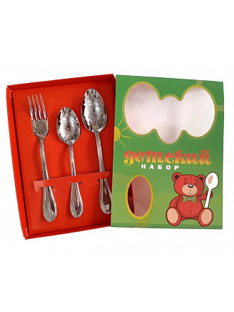 Набор детских столовых приборов нержавеющая сталь, 3 шт, ложка, чайная ложка, вилка, Павловский завод им. Кирова, рисунок в ассортименте, ДСН-3М23-Х.Р