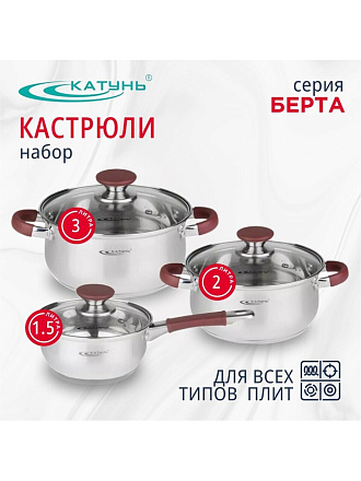 Набор посуды нержавеющая сталь, 6 предметов, кастрюли 2,3 л, ковш 1.5 л, индукция, Катунь, Берта, КТ15-В