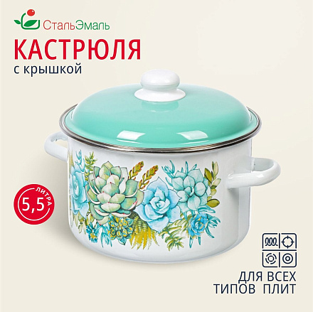 Кастрюля эмалированная сталь, 5.5 л, крышка сталь, цилиндрическая, СтальЭмаль, Монантес, 6RD221M