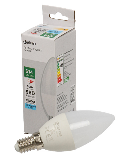 Лампа светодиодная E14, 9 Вт,  Вт, 220 В, СВЕЧА, 6500 К, холодный белый свет, Lofter